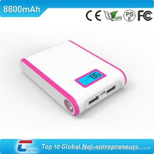 plastic power bank with double USB outputs and led torch and lc